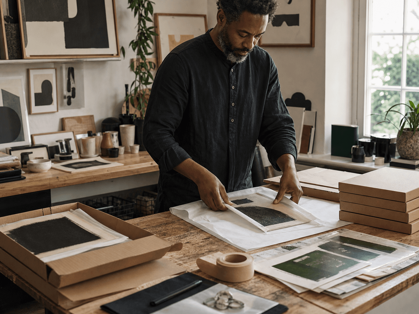 Artist wrapping an original print for a customer order