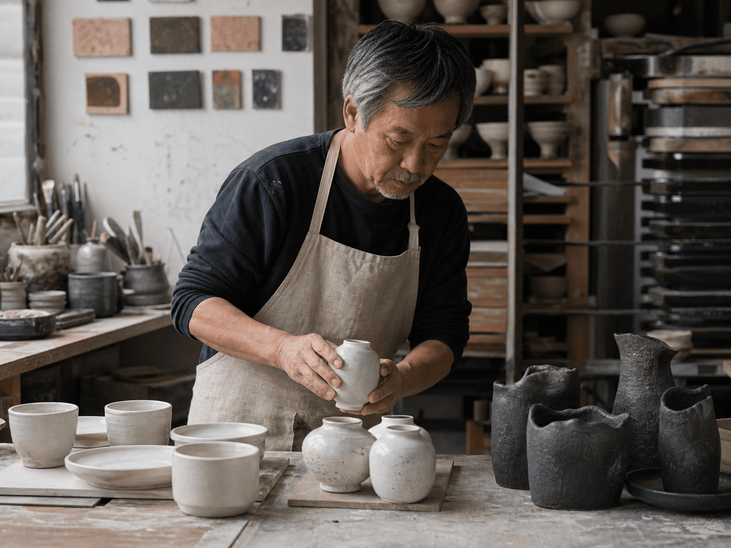 Ceramic artist grouping finished vessels in a working studio