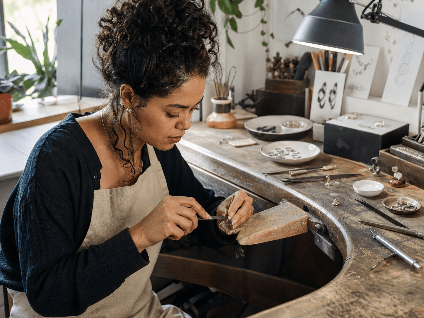 Jeweller forming a silver piece at a well-used studio bench