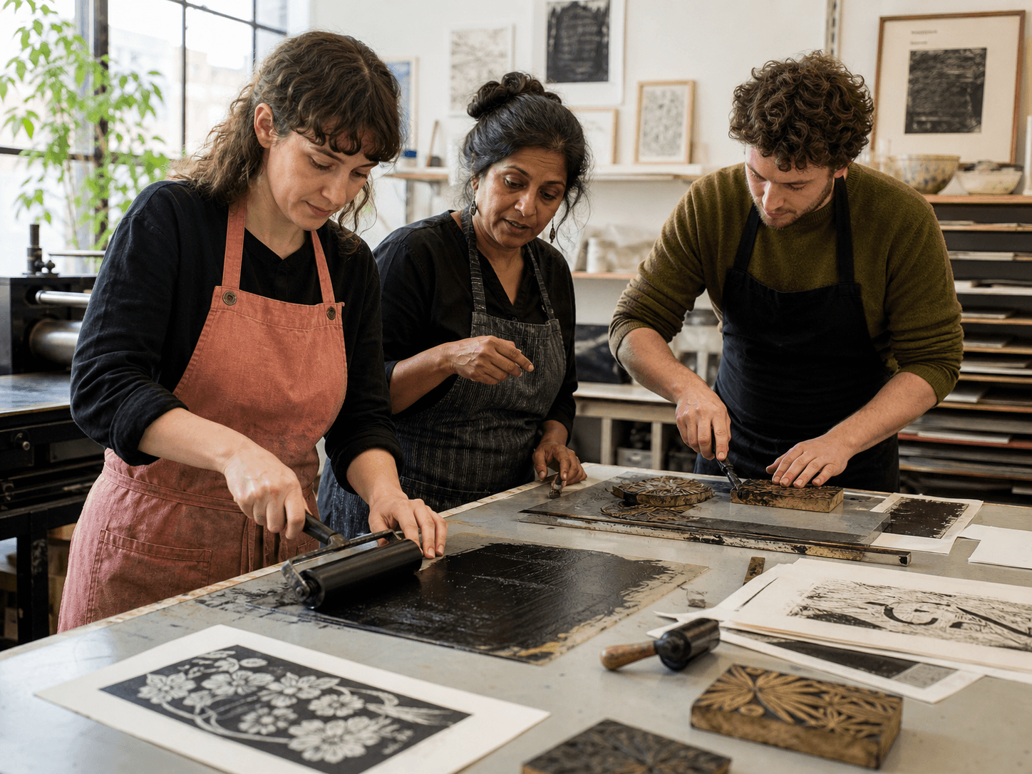 Artist guiding two participants through a printmaking workshop