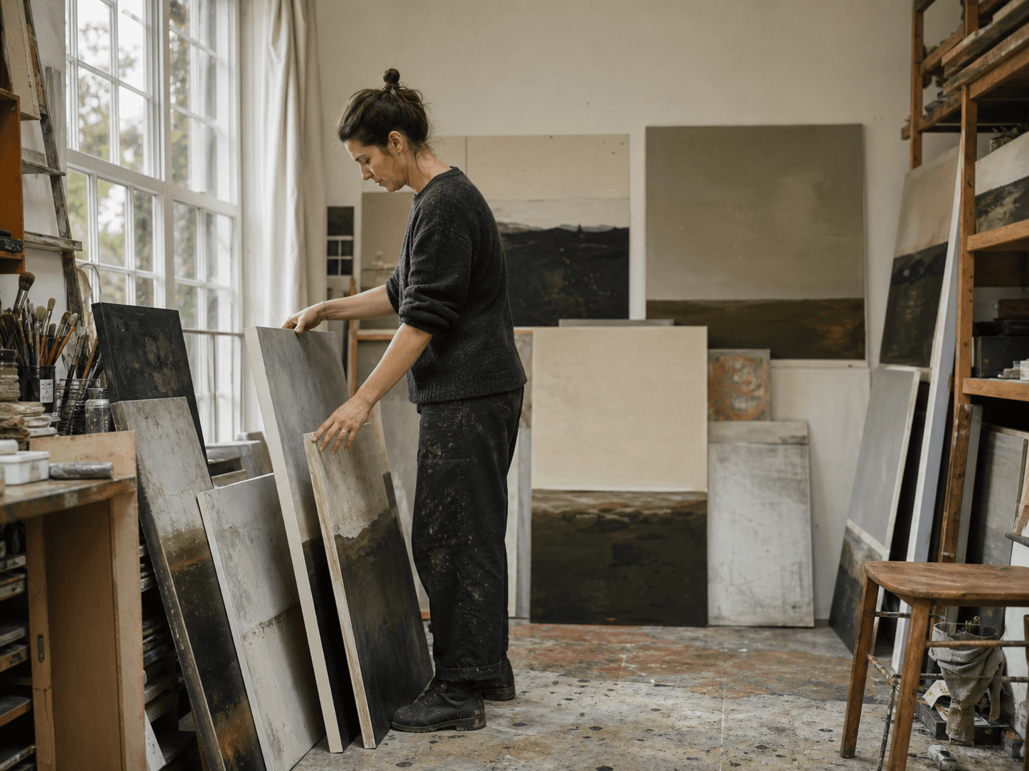 Painter arranging canvases into different bodies of work in her studio