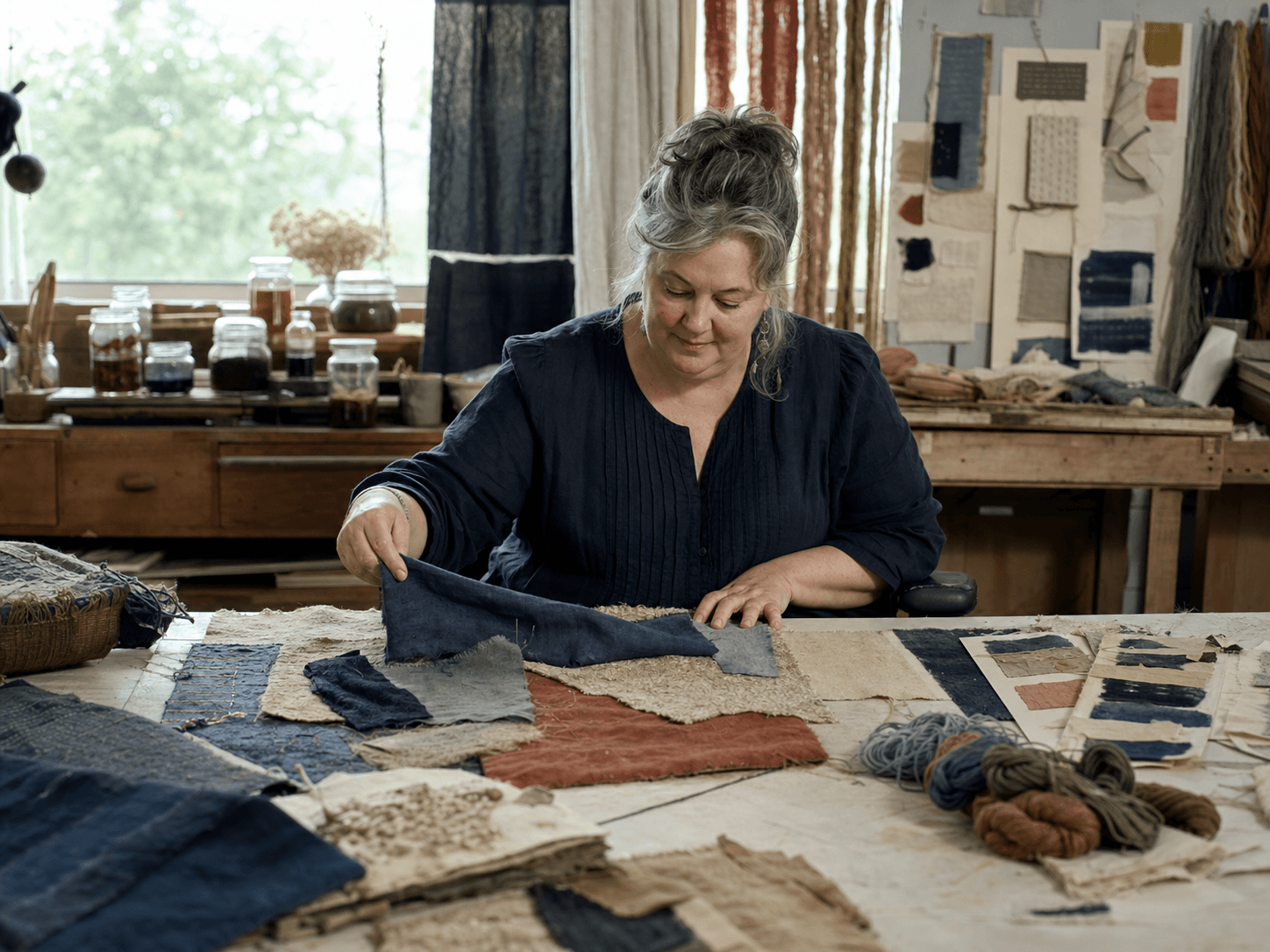 Textile artist comparing hand-dyed fabrics and stitched samples